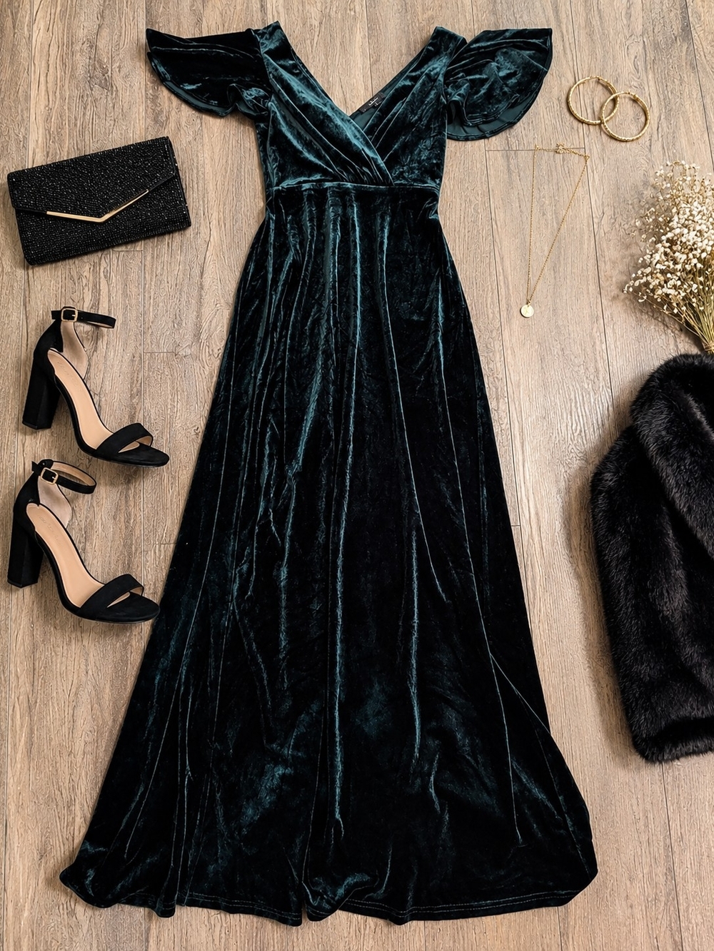 Lulu's Elegant Deep Green Velvet Maxi Dress